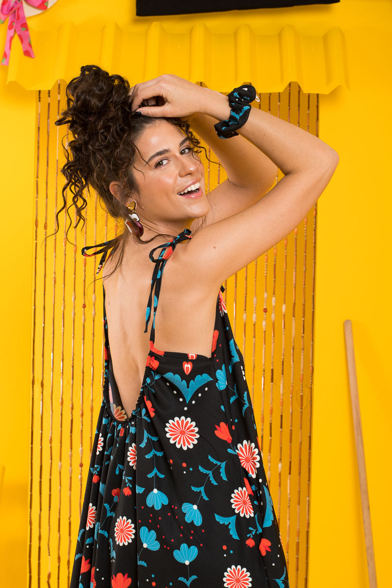 Dream Dress Blue Folk Floral Εξώπλατο Φόρεμα με Τσέπες