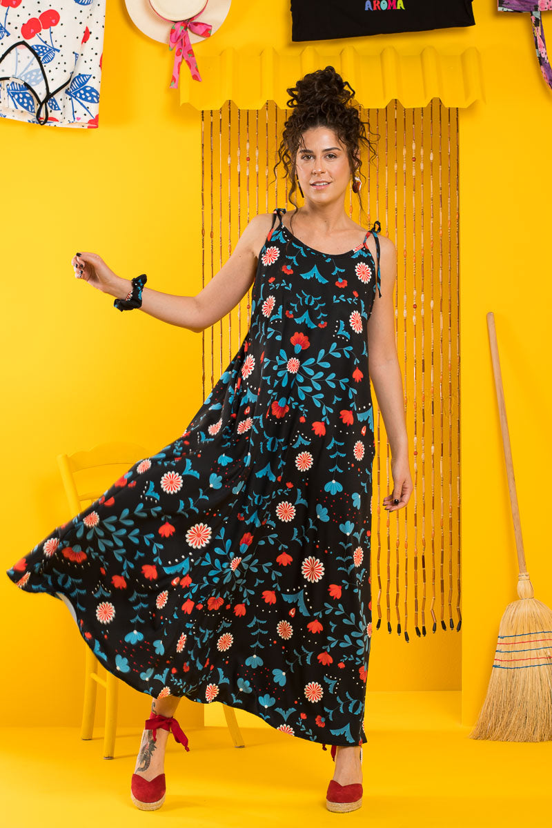 Dream Dress Blue Folk Floral Εξώπλατο Φόρεμα με Τσέπες