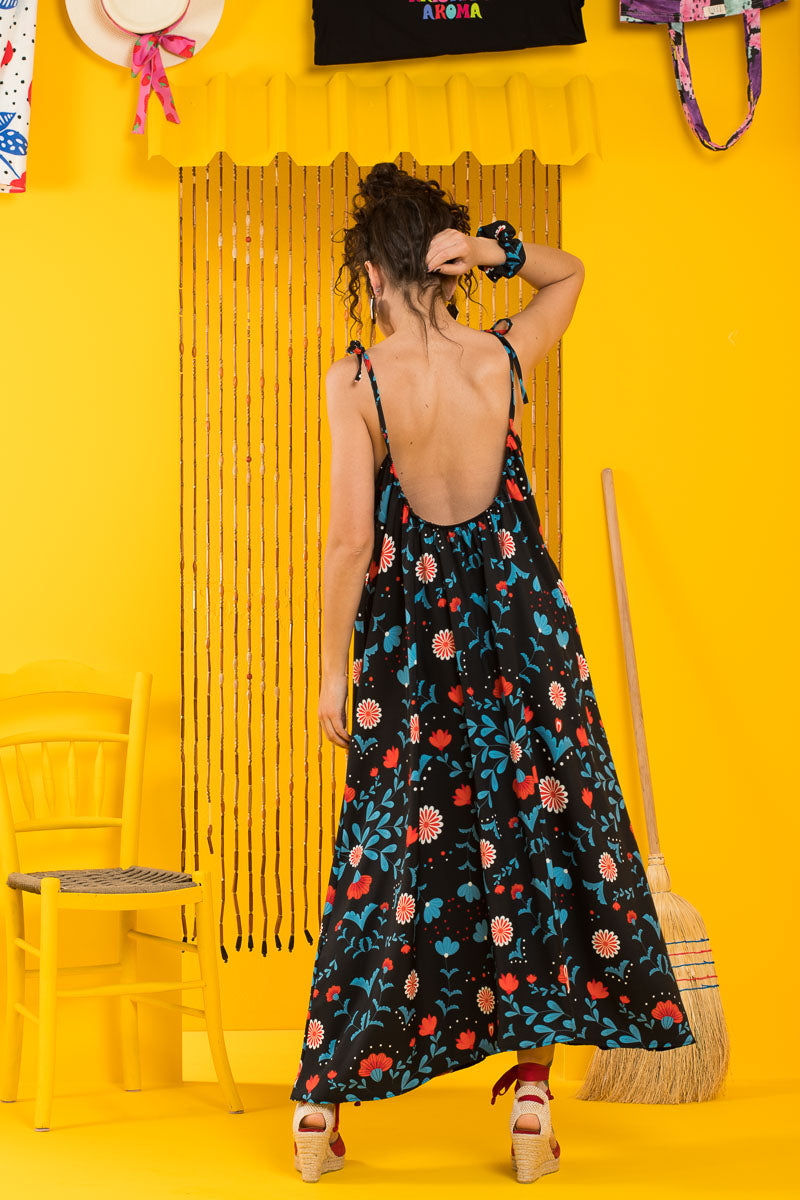 Dream Dress Blue Folk Floral Εξώπλατο Φόρεμα με Τσέπες