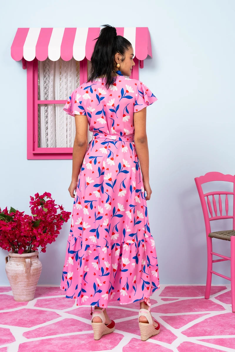 Iris Wrap Dress Pink Floral Blue Leaves Φόρεμα Κρουαζέ Petit Boutik