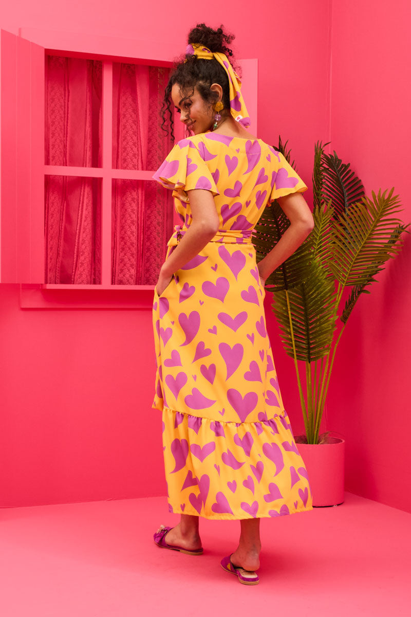 Iris Wrap Dress Yellow Magenta Hearts Φόρεμα Κρουαζέ Petit Boutik
