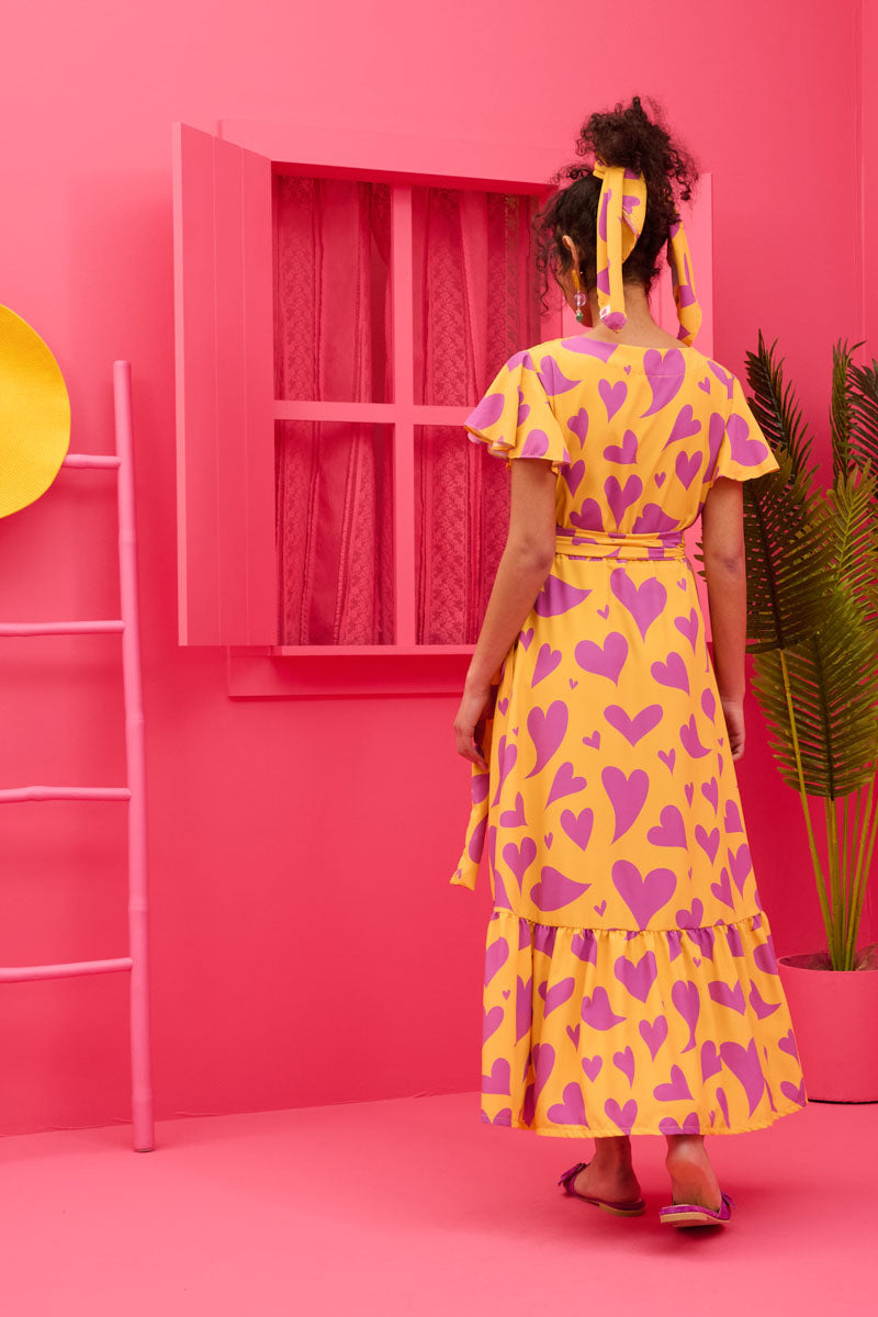 Iris Wrap Dress Yellow Magenta Hearts Φόρεμα Κρουαζέ Petit Boutik