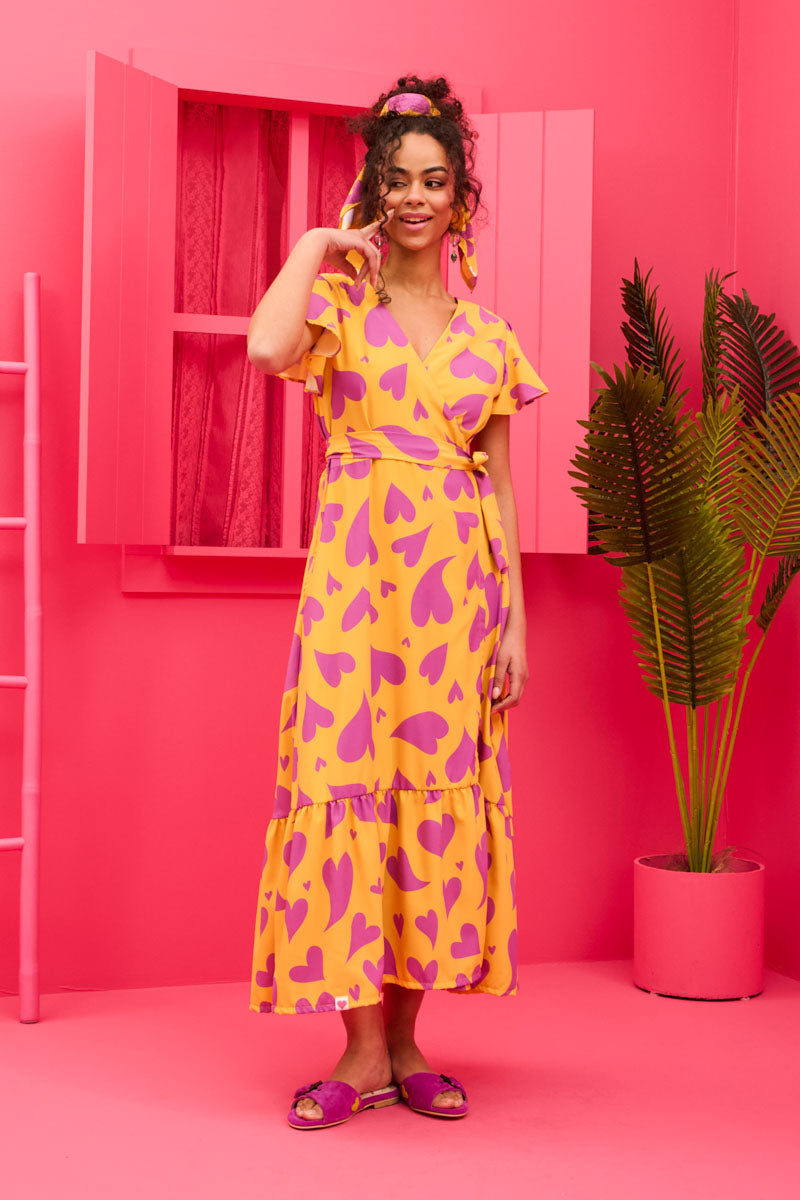 Iris Wrap Dress Yellow Magenta Hearts Φόρεμα Κρουαζέ Petit Boutik