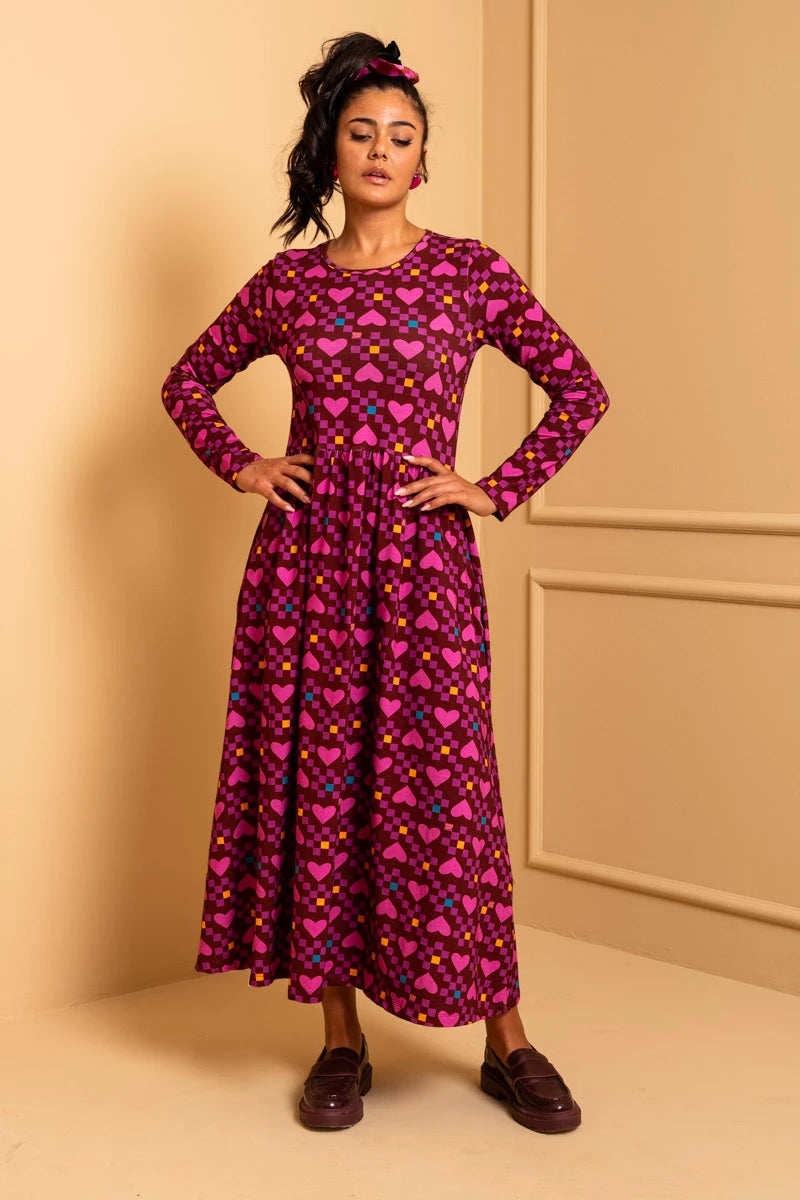 Isabella Dress Magenta Hearts Cubes Jersey Φόρεμα με Τσέπες Petit Boutik