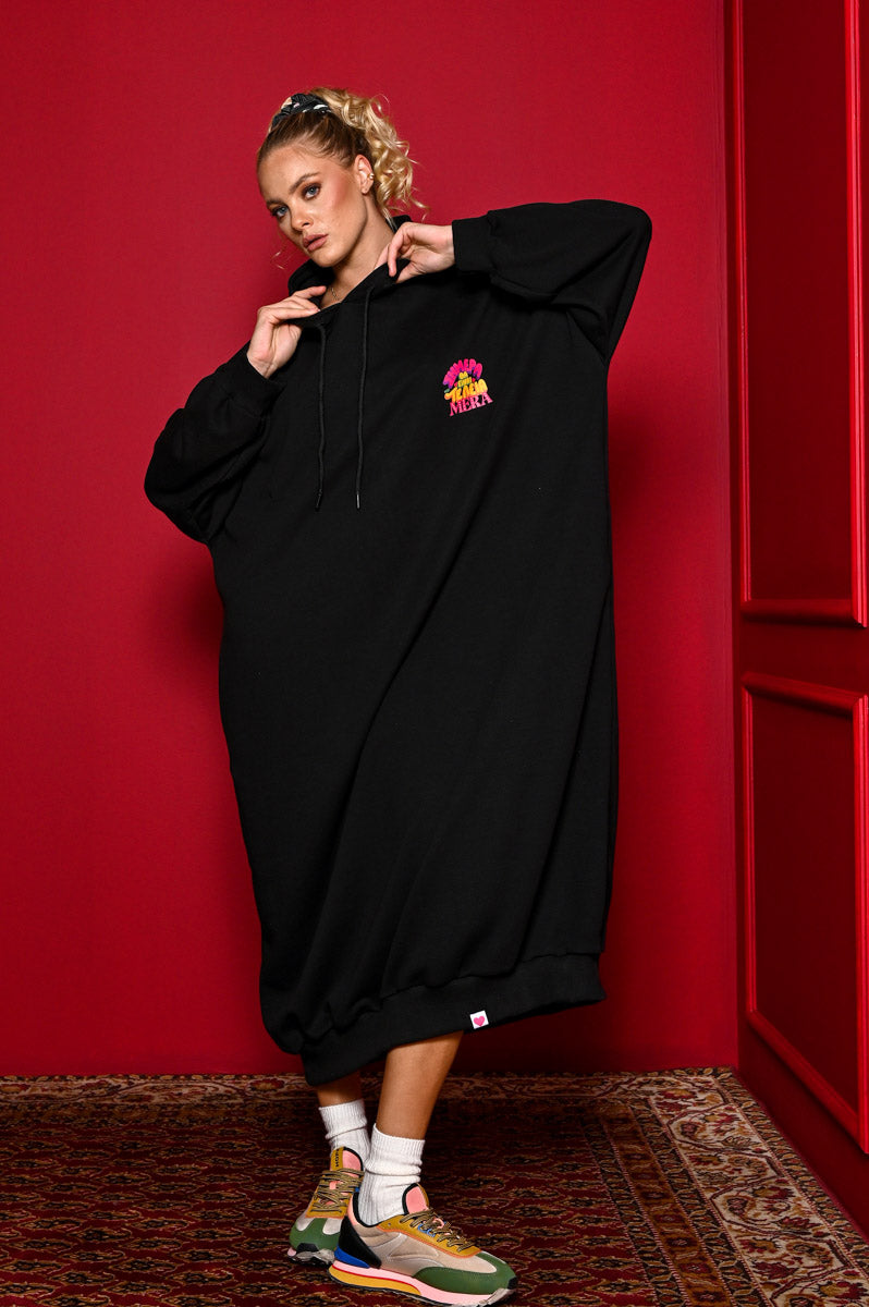 Kely Hoodie Dress “Σήμερα θα Είναι μια Τέλεια Μέρα” Black Φούτερ Φόρεμα με Τσέπες Petit Boutik
