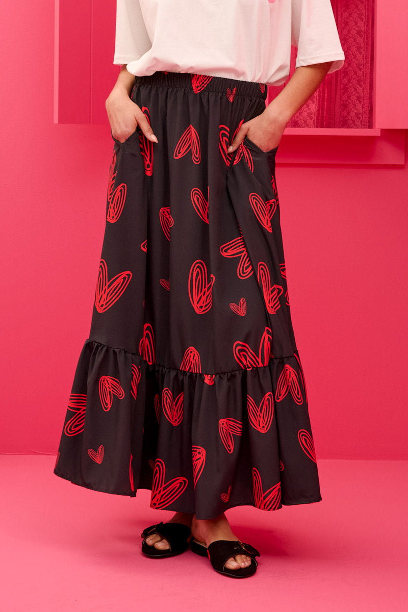 Kiara Skirt Black Red Hearts Φούστα Petit Boutik