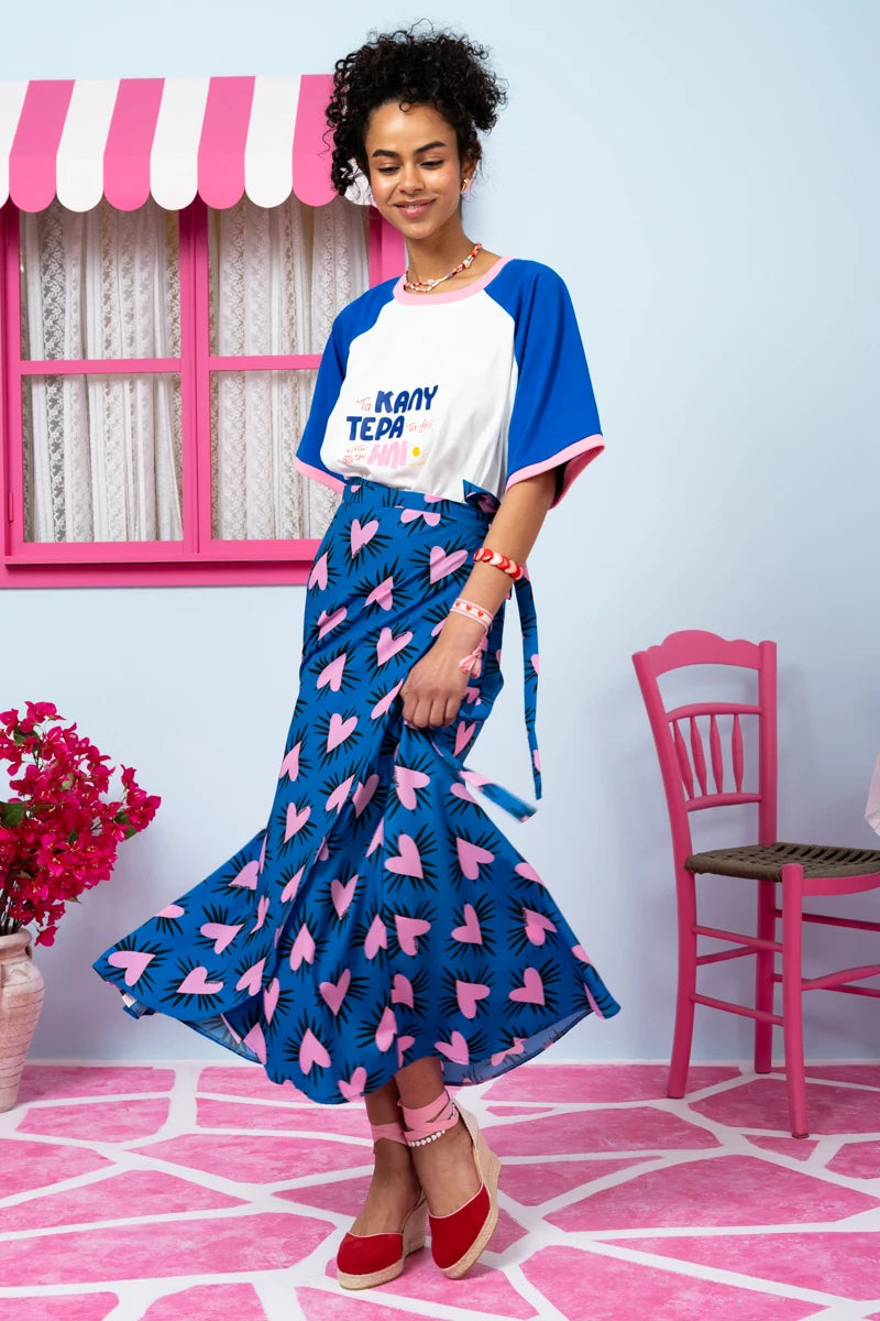 Klara Wrap Skirt Blue Hearts Pink Spikes Δετή Φούστα Petit Boutik
