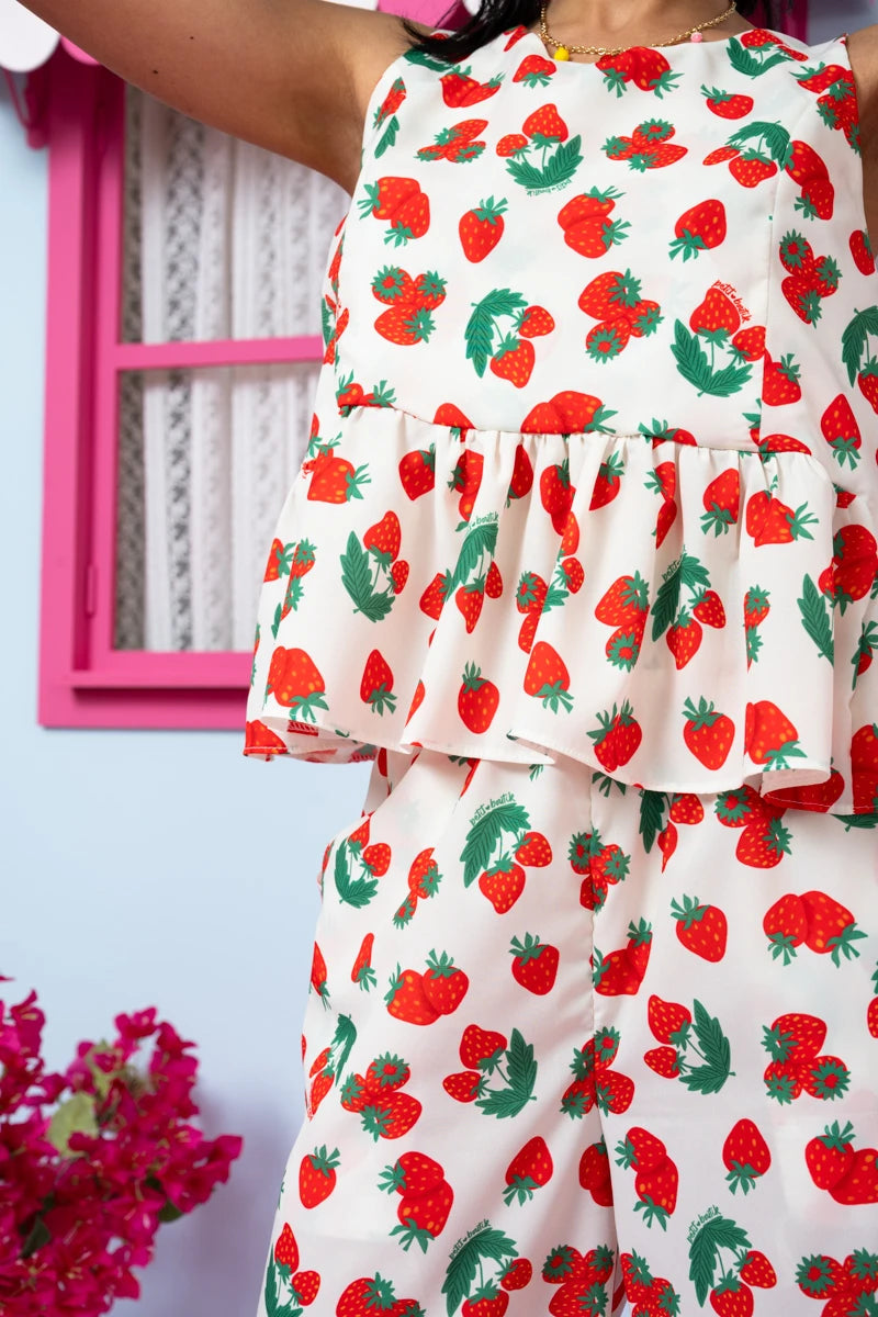 Lila Top Blouse Frill White Red Strawberries Μπλούζα Petit Boutik