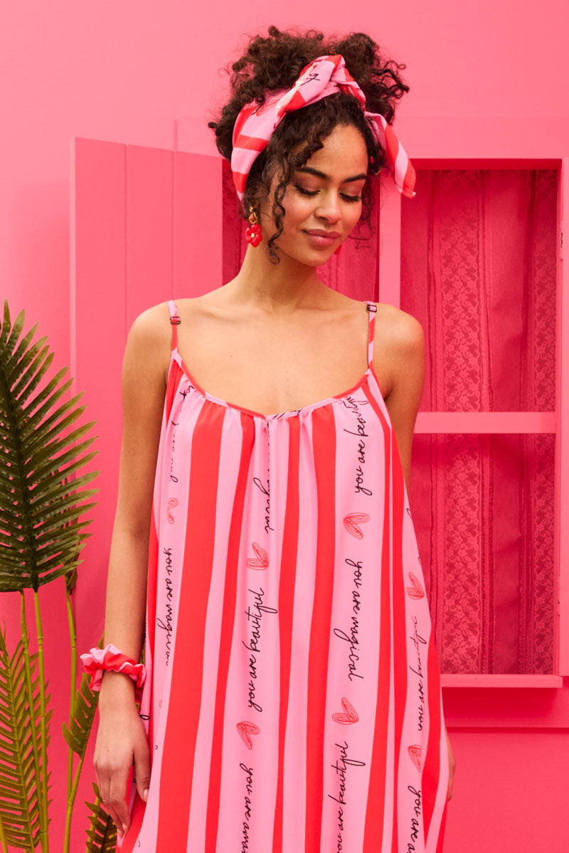 Linda Frill Dress Pink Red Beautiful Stripes Τιραντέ Φόρεμα με Ζώνη & Τσέπες Petit Boutik