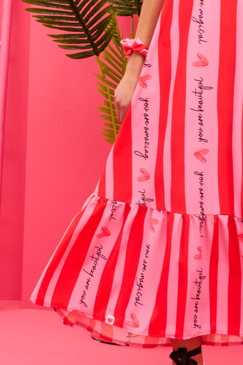 Linda Frill Dress Pink Red Beautiful Stripes Τιραντέ Φόρεμα με Ζώνη & Τσέπες Petit Boutik