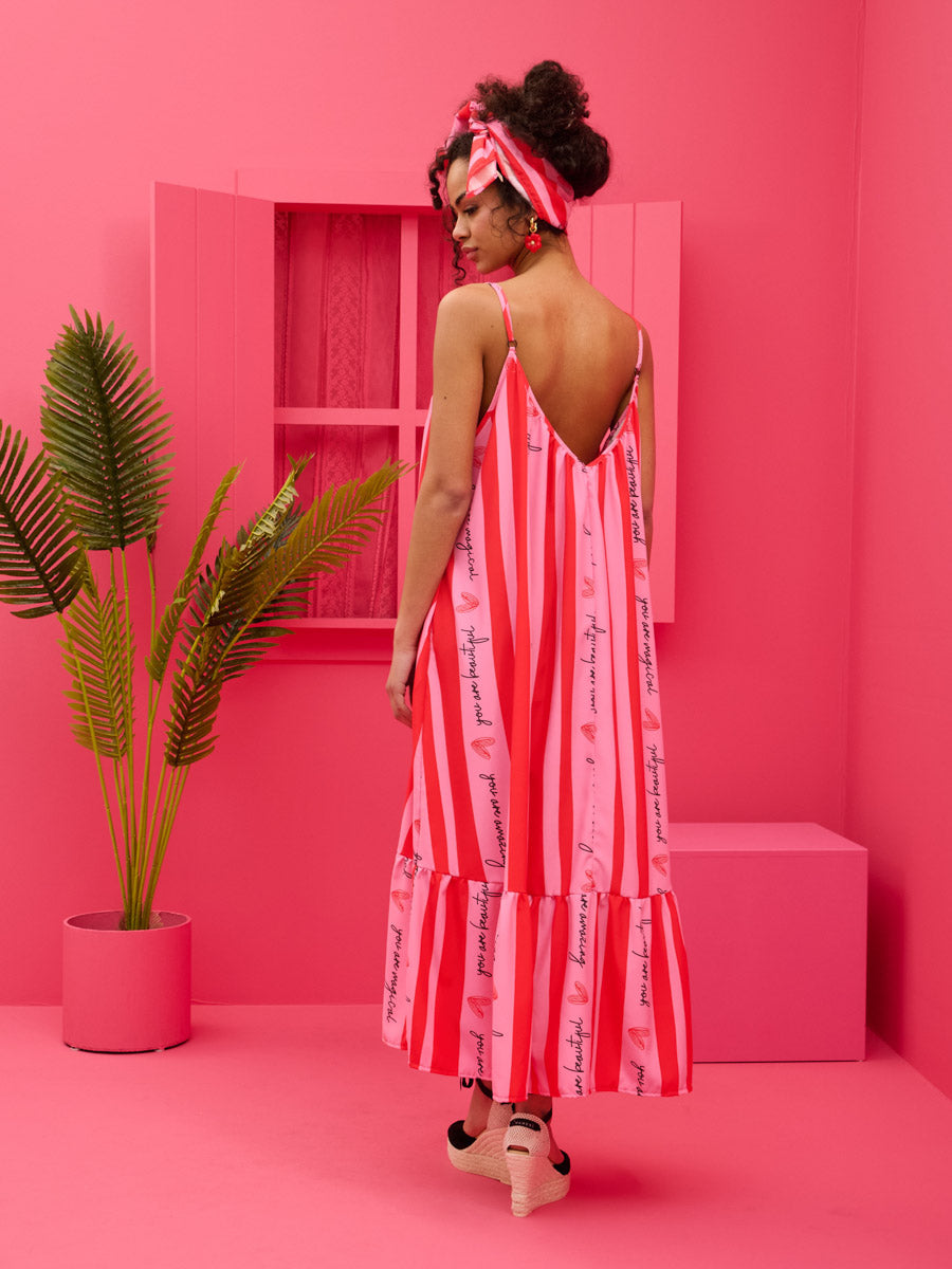 Linda Frill Dress Pink Red Beautiful Stripes Τιραντέ Φόρεμα με Ζώνη & Τσέπες Petit Boutik