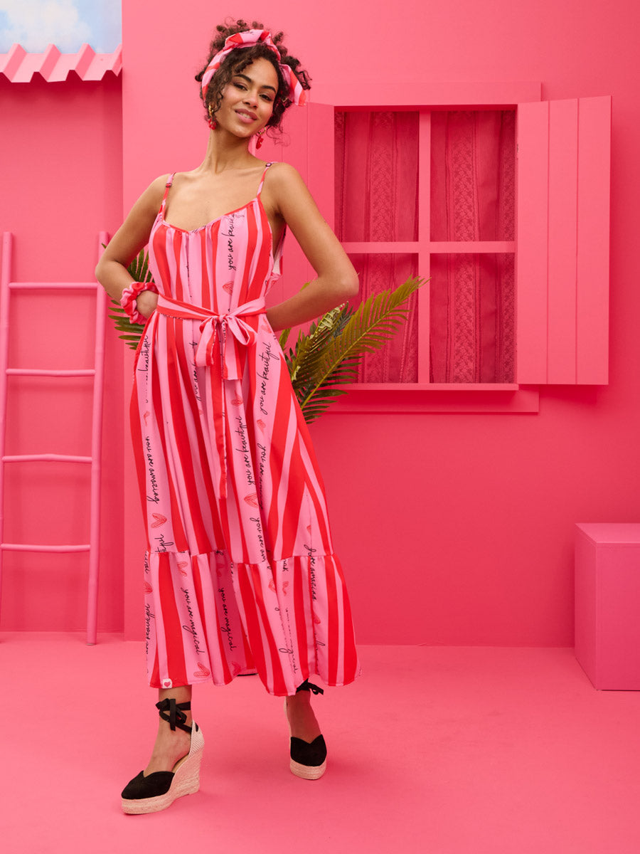 Linda Frill Dress Pink Red Beautiful Stripes Τιραντέ Φόρεμα με Ζώνη & Τσέπες Petit Boutik
