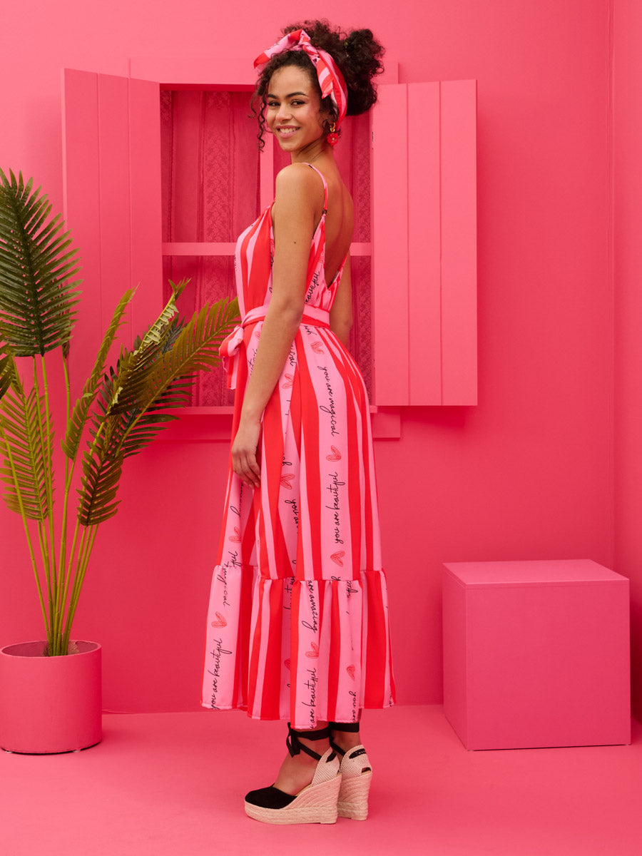 Linda Frill Dress Pink Red Beautiful Stripes Τιραντέ Φόρεμα με Ζώνη & Τσέπες Petit Boutik