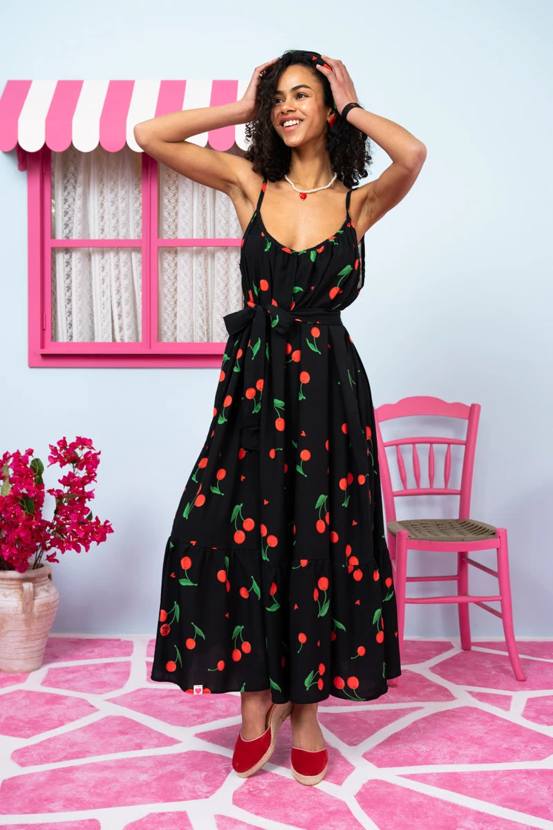 Linda Frill Dress Vis Black Cherries Τιραντέ Φόρεμα με Ζώνη & Τσέπες Petit Boutik