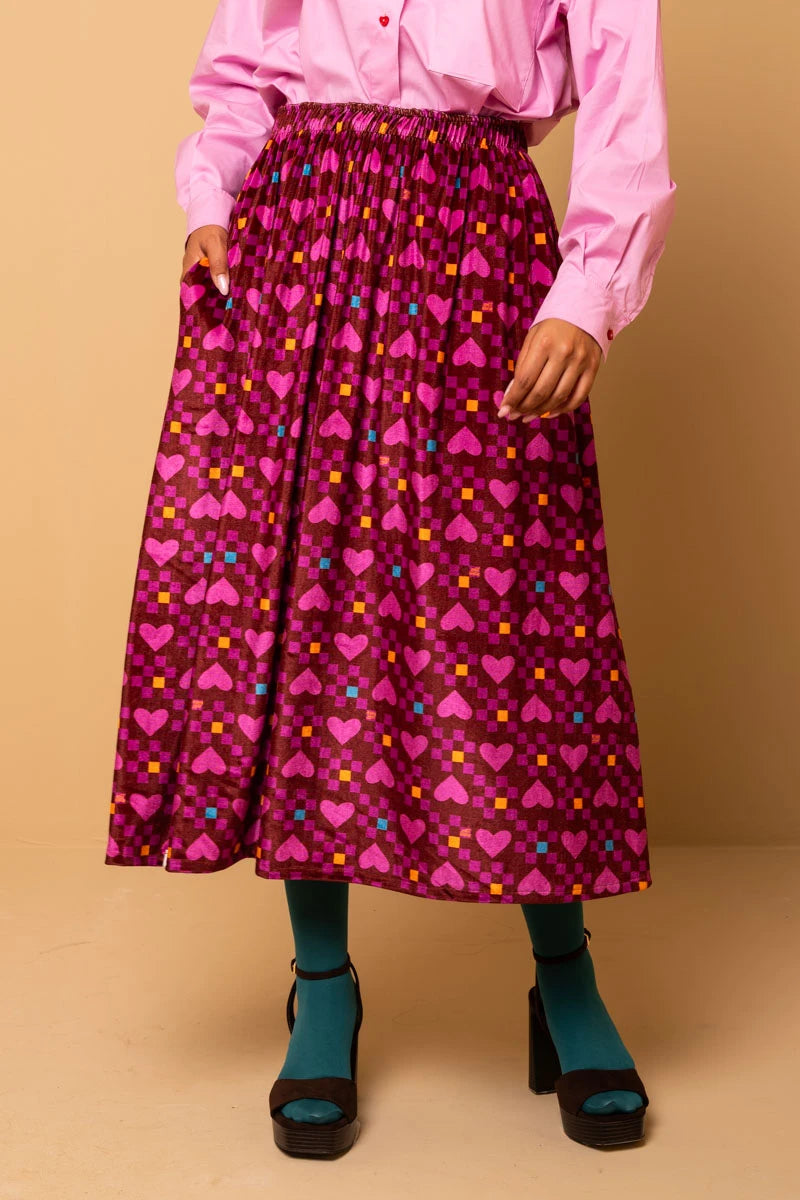 Malena Skirt Magenta Hearts Cubes Βελούδινη Φούστα Petit Boutik