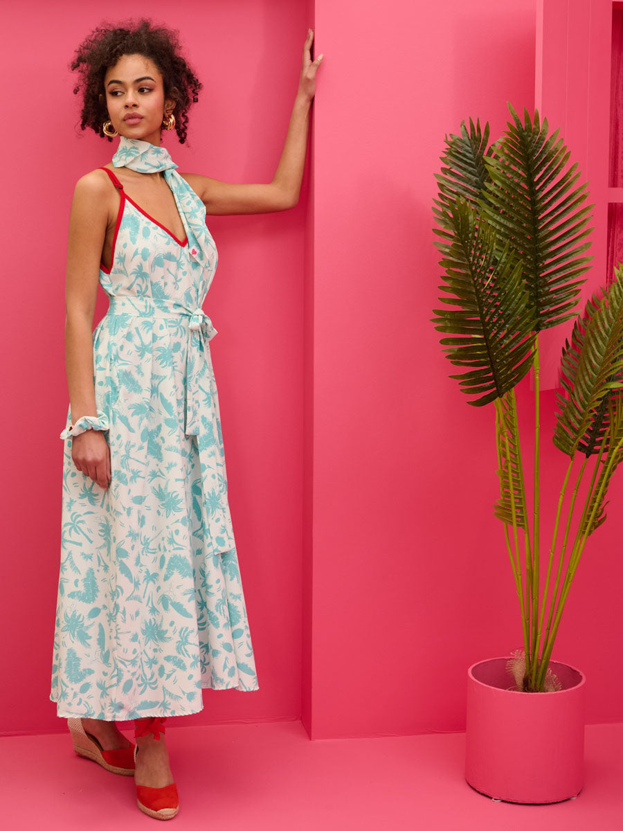 Matina Dress Blue Palms Φόρεμα με Ζώνη & Τσέπες Petit Boutik