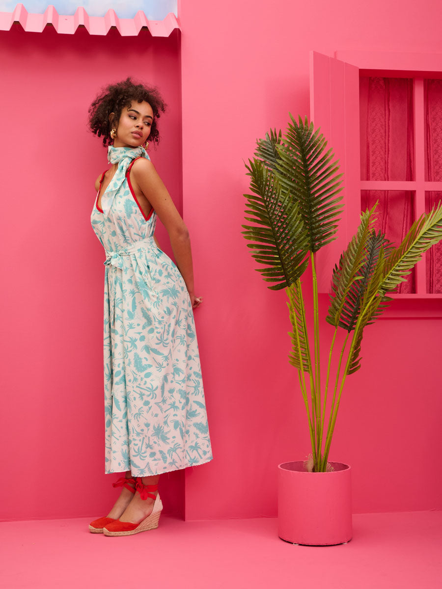 Matina Dress Blue Palms Φόρεμα με Ζώνη & Τσέπες Petit Boutik