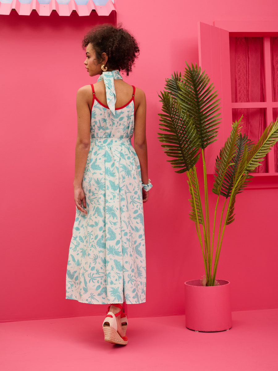Matina Dress Blue Palms Φόρεμα με Ζώνη & Τσέπες Petit Boutik