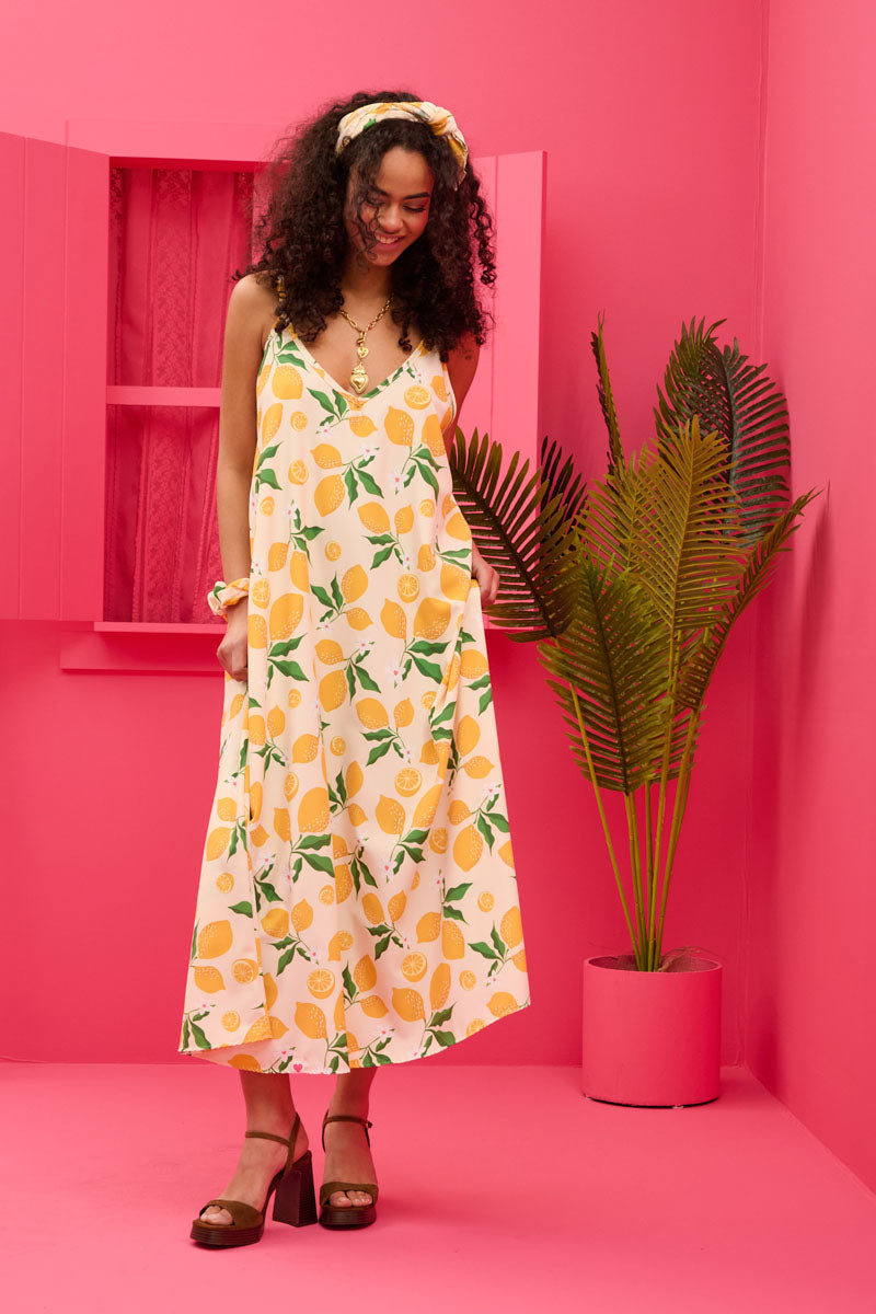 Matina Dress Cream Lemons Φόρεμα με Ζώνη & Τσέπες Petit Boutik
