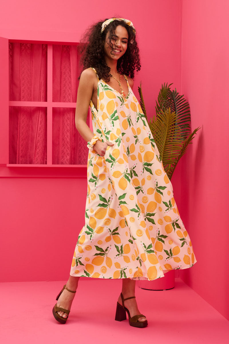 Matina Dress Cream Lemons Φόρεμα με Ζώνη & Τσέπες Petit Boutik
