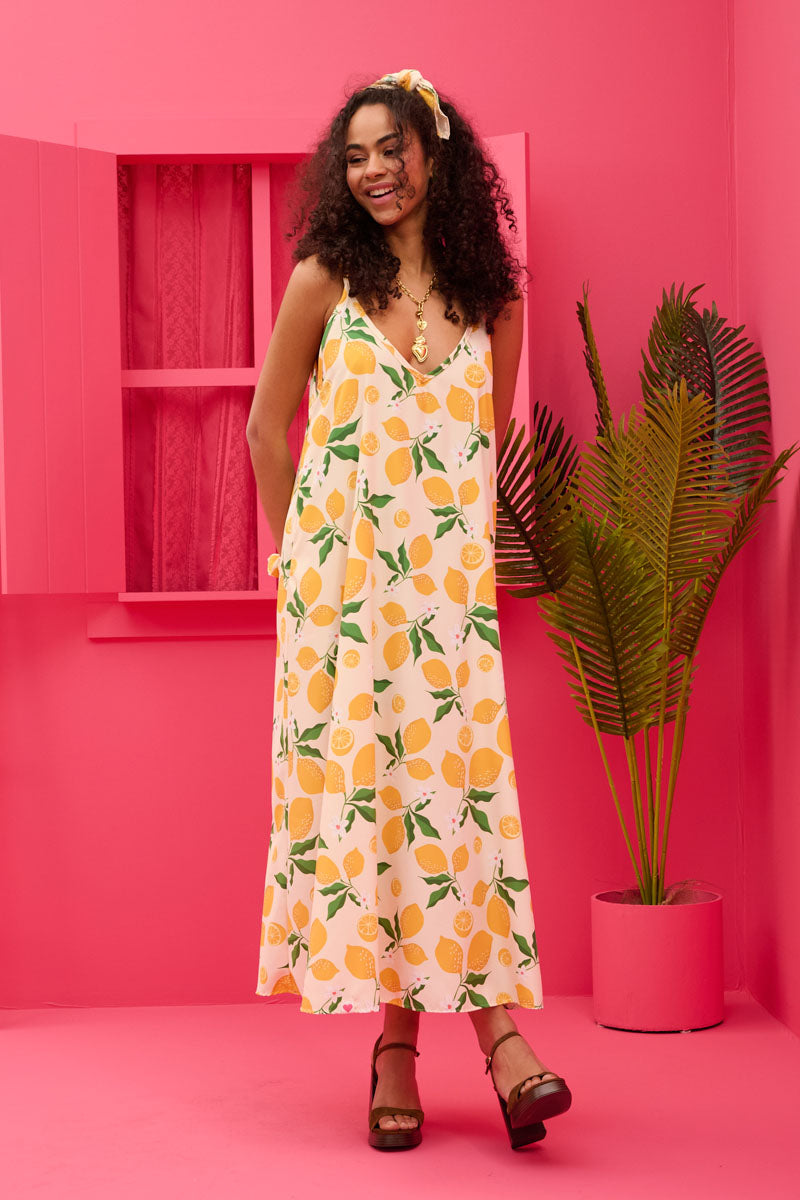 Matina Dress Cream Lemons Φόρεμα με Ζώνη & Τσέπες Petit Boutik