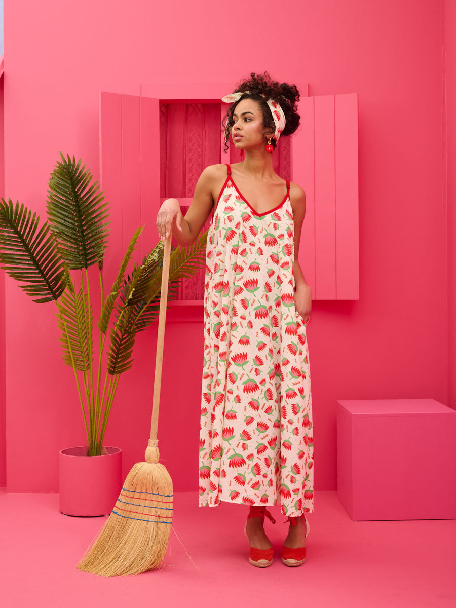 Matina Dress Cream Red Flowers Φόρεμα με Ζώνη & Τσέπες Petit Boutik