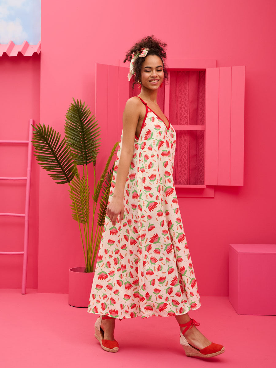 Matina Dress Cream Red Flowers Φόρεμα με Ζώνη & Τσέπες Petit Boutik