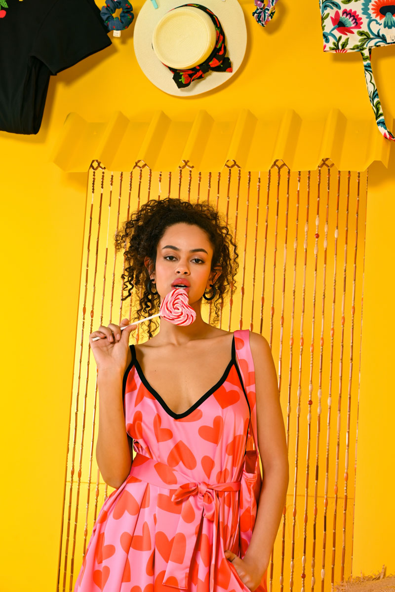 Matina Dress Pink Red Hearts Φόρεμα με Ζώνη & Τσέπες