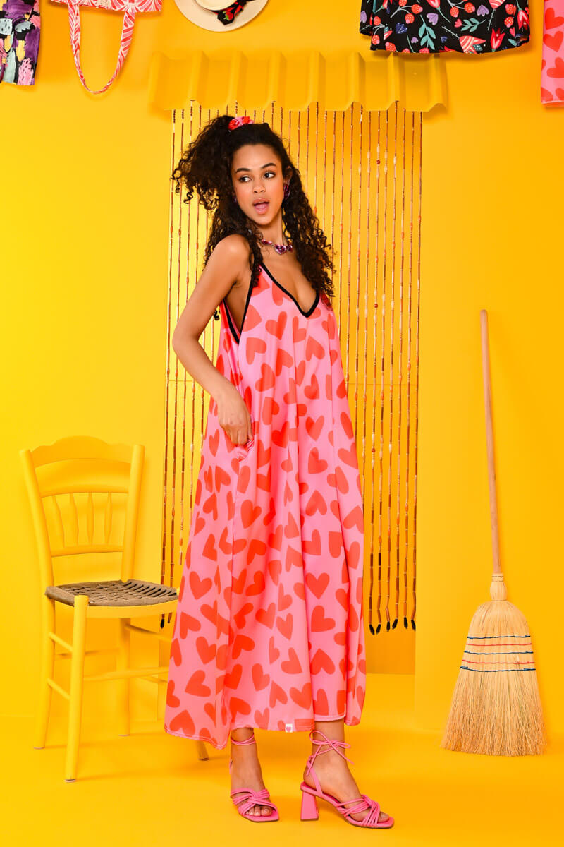 Matina Dress Pink Red Hearts Φόρεμα με Ζώνη & Τσέπες