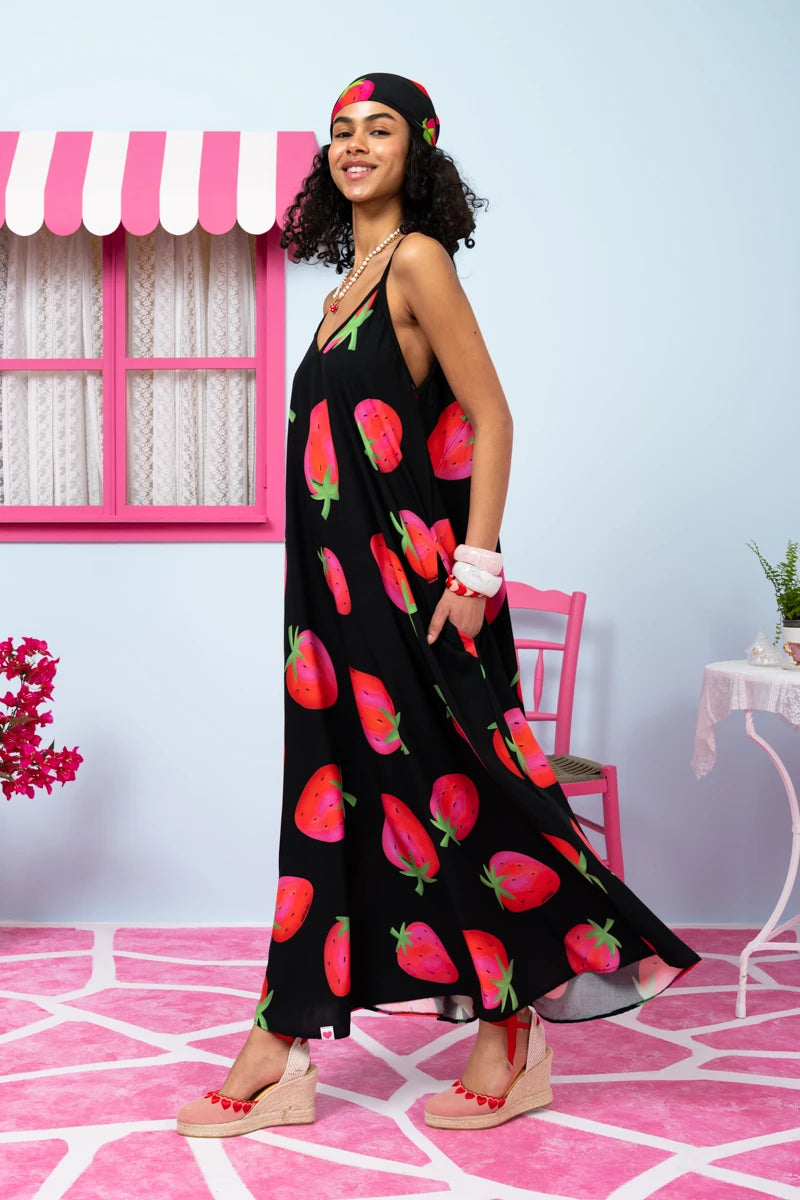 Matina Dress Vis Black Big Strawberries Φόρεμα με Ζώνη & Τσέπες Petit Boutik