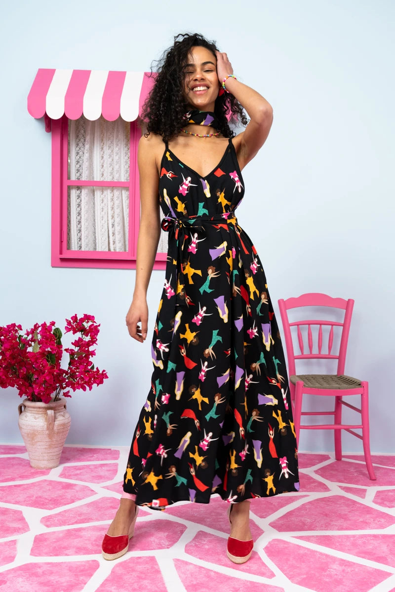 Matina Dress Vis Black Dancing Girls Φόρεμα με Ζώνη & Τσέπες Petit Boutik
