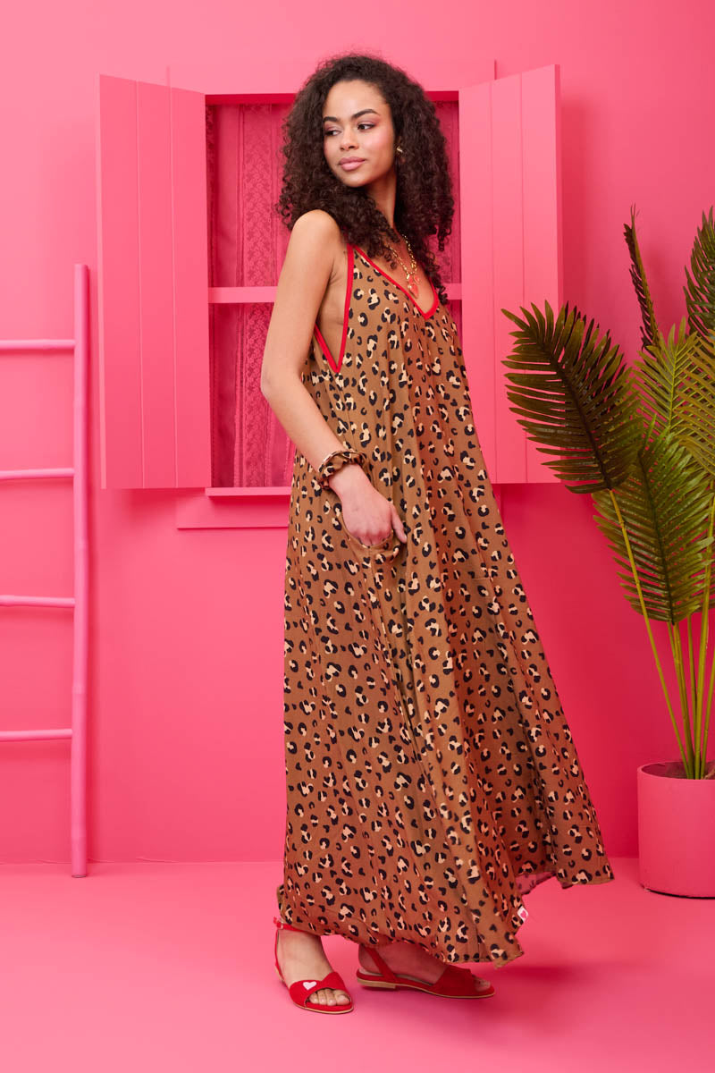 Matina Dress Vis Leopar Animal Print Φόρεμα με Ζώνη & Τσέπες Petit Boutik