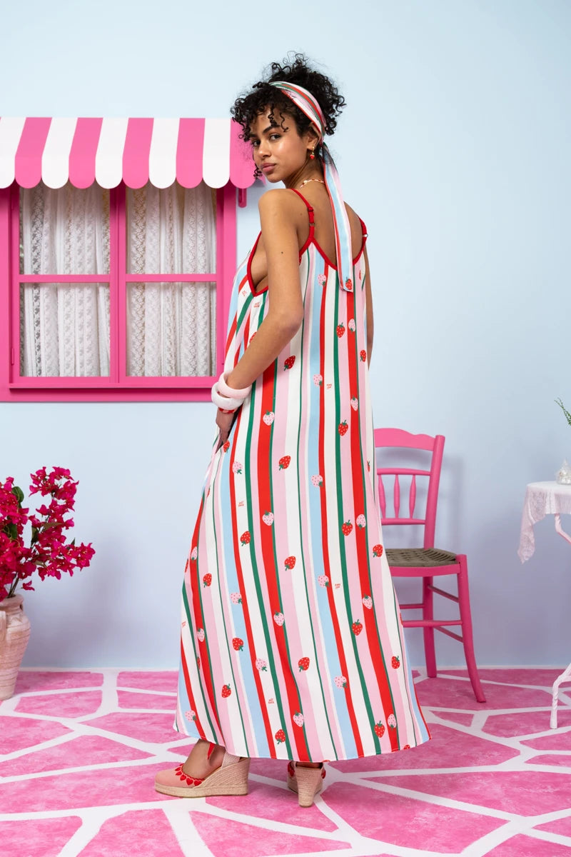 Matina Dress Vis Multi Stripes Strawberries Φόρεμα με Ζώνη & Τσέπες Petit Boutik