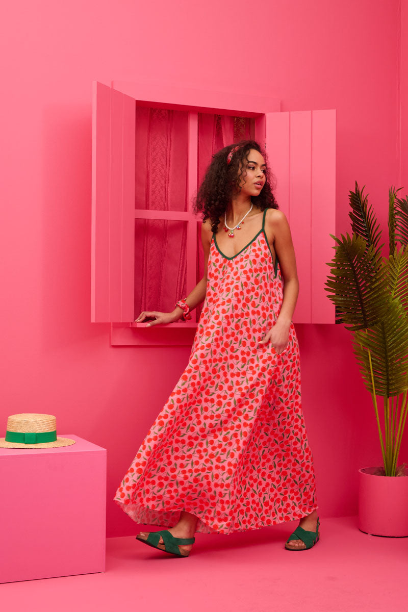 Matina Dress Vis Pink Cherries Φόρεμα με Ζώνη & Τσέπες Petit Boutik