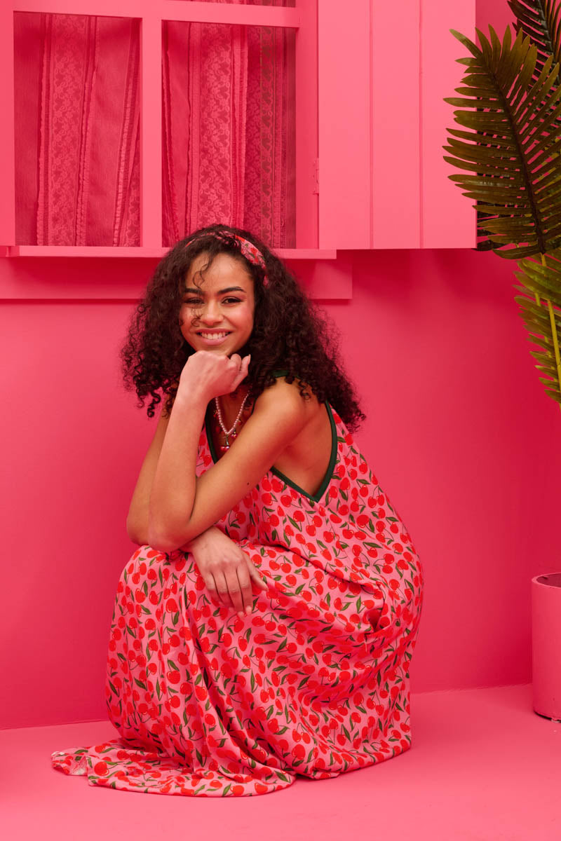 Matina Dress Vis Pink Cherries Φόρεμα με Ζώνη & Τσέπες Petit Boutik