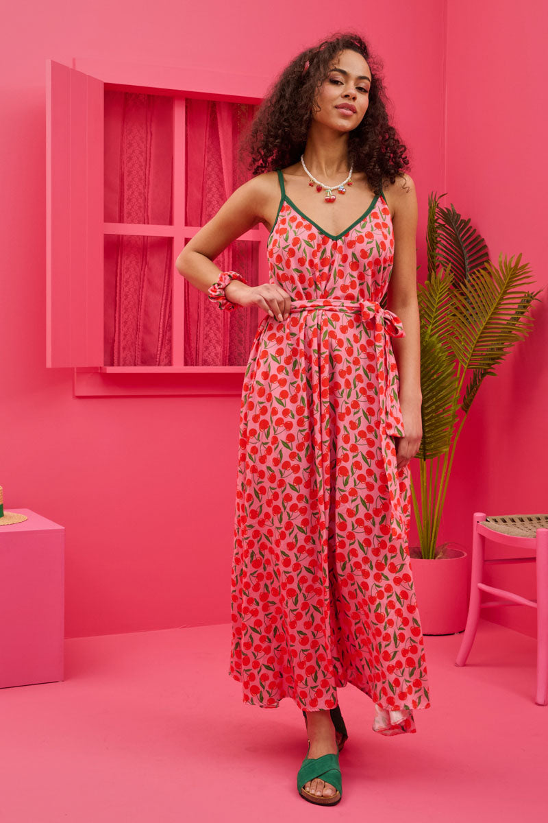 Matina Dress Vis Pink Cherries Φόρεμα με Ζώνη & Τσέπες Petit Boutik