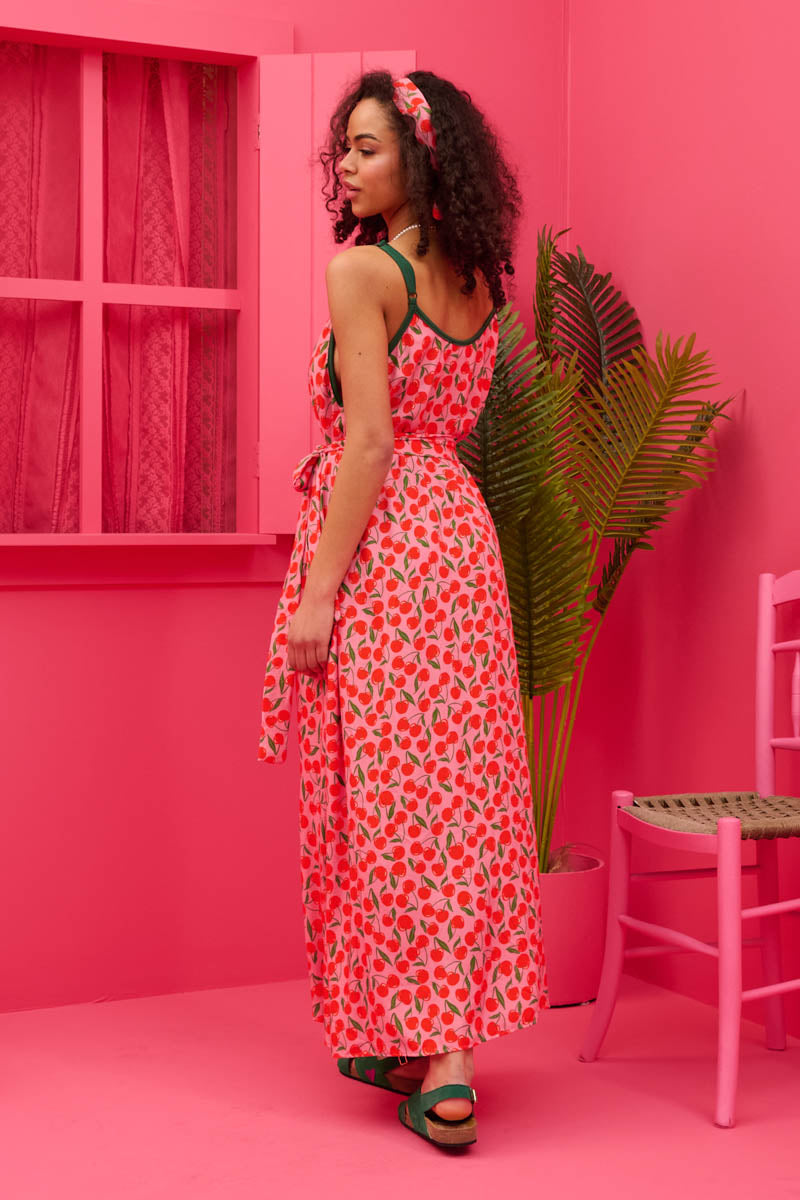 Matina Dress Vis Pink Cherries Φόρεμα με Ζώνη & Τσέπες Petit Boutik