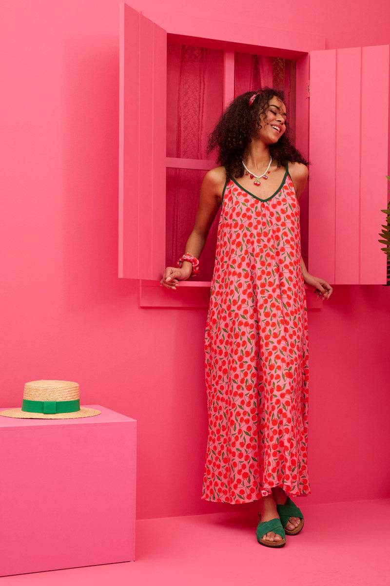 Matina Dress Vis Pink Cherries Φόρεμα με Ζώνη & Τσέπες Petit Boutik