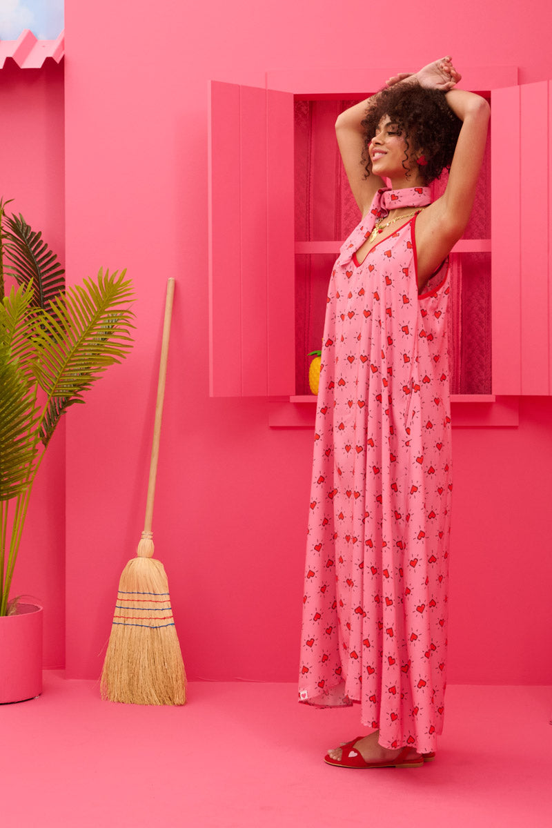 Matina Dress Vis Pink Hearts Pixel Φόρεμα με Ζώνη & Τσέπες Petit Boutik