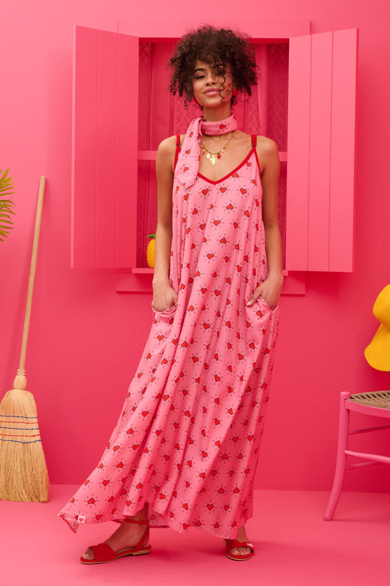 Matina Dress Vis Pink Hearts Pixel Φόρεμα με Ζώνη & Τσέπες Petit Boutik