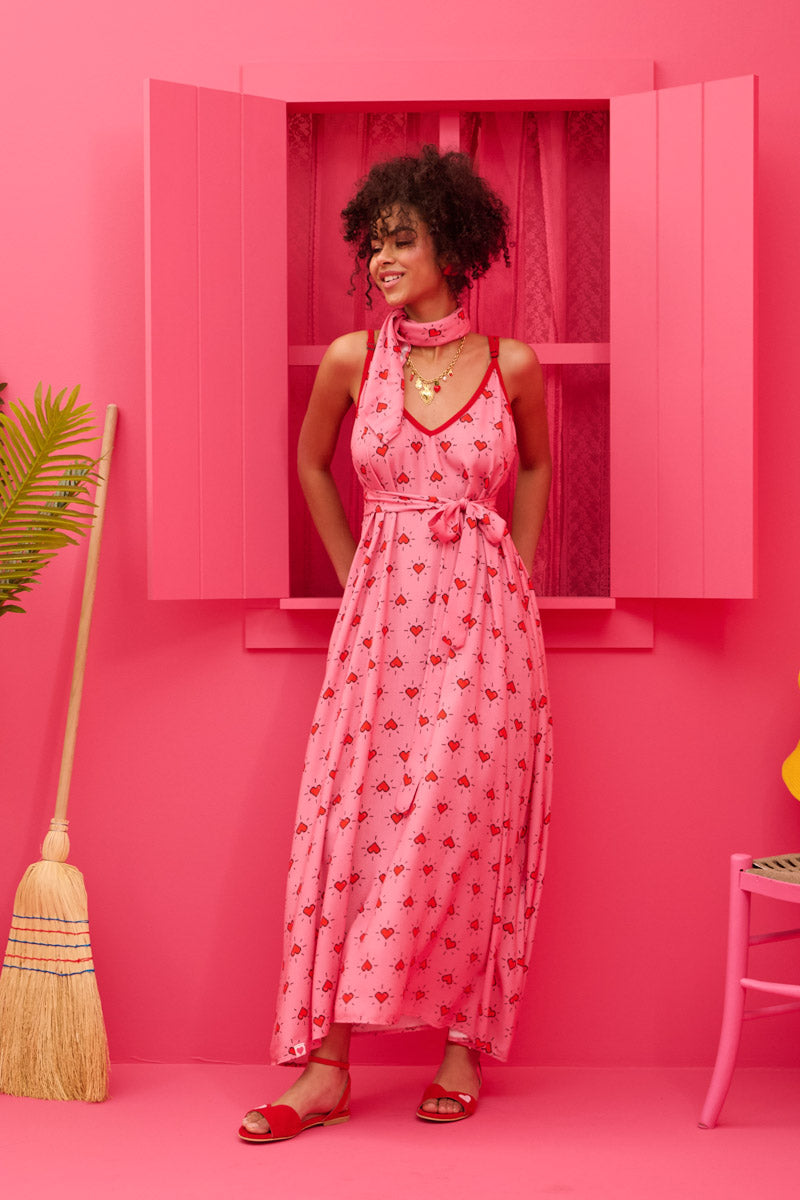 Matina Dress Vis Pink Hearts Pixel Φόρεμα με Ζώνη & Τσέπες Petit Boutik