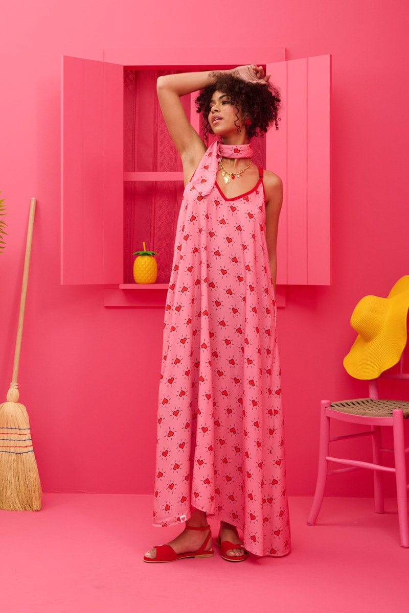 Matina Dress Vis Pink Hearts Pixel Φόρεμα με Ζώνη & Τσέπες Petit Boutik