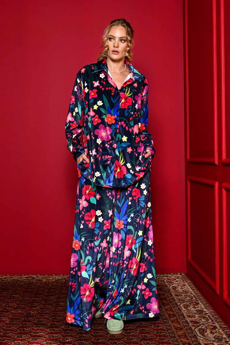 Rio Pants Blue Floral Velvet Παντελόνα με Λάστιχο Petit Boutik