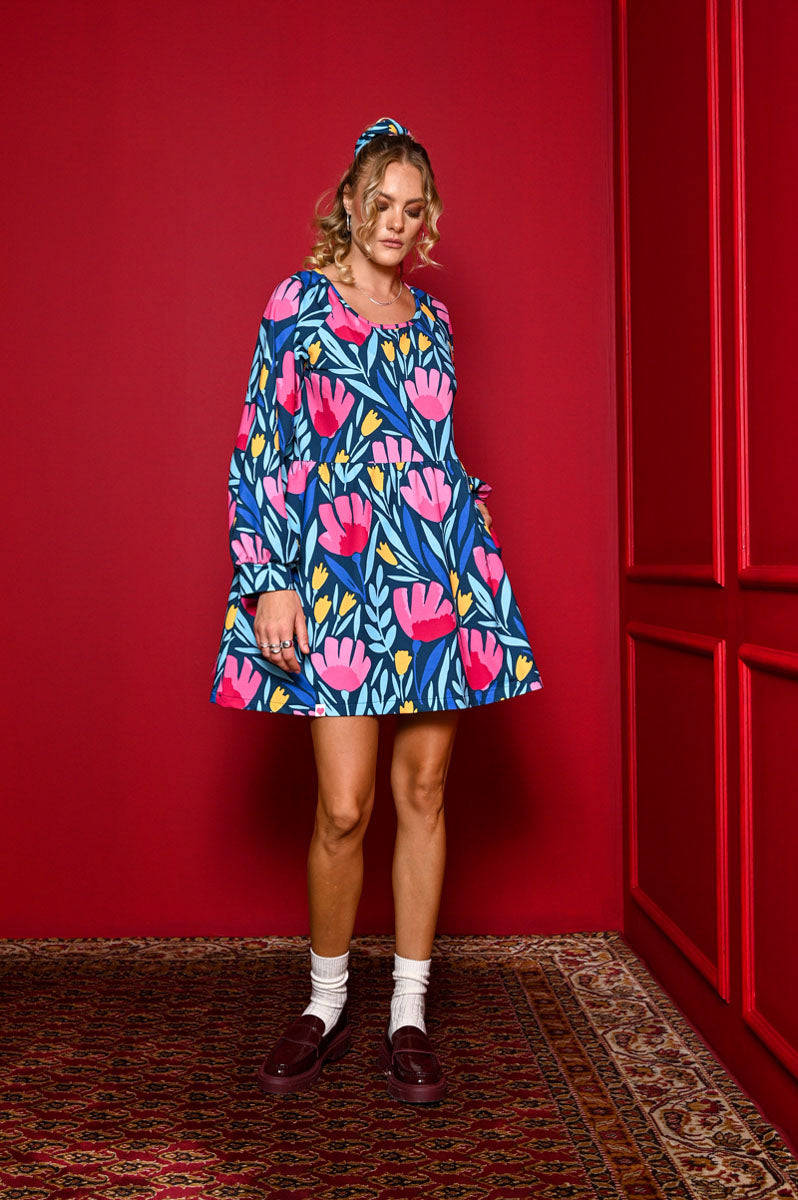 Melina Mini Dress Petrol Pink Tulips Φούτερ Φόρεμα με Τσέπες Petit Boutik