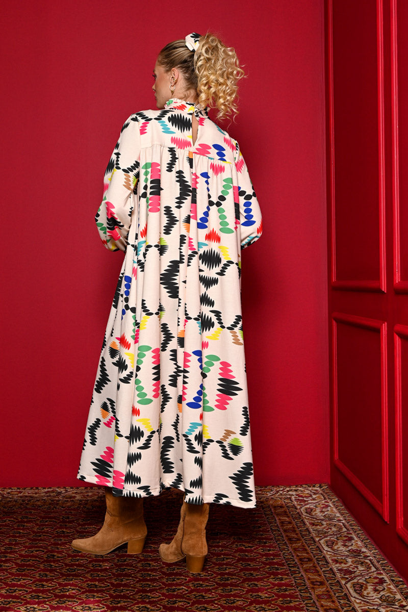 Miranda Dress Cream Aztek Prints Φούτερ Φόρεμα με Ζώνη Petit Boutik