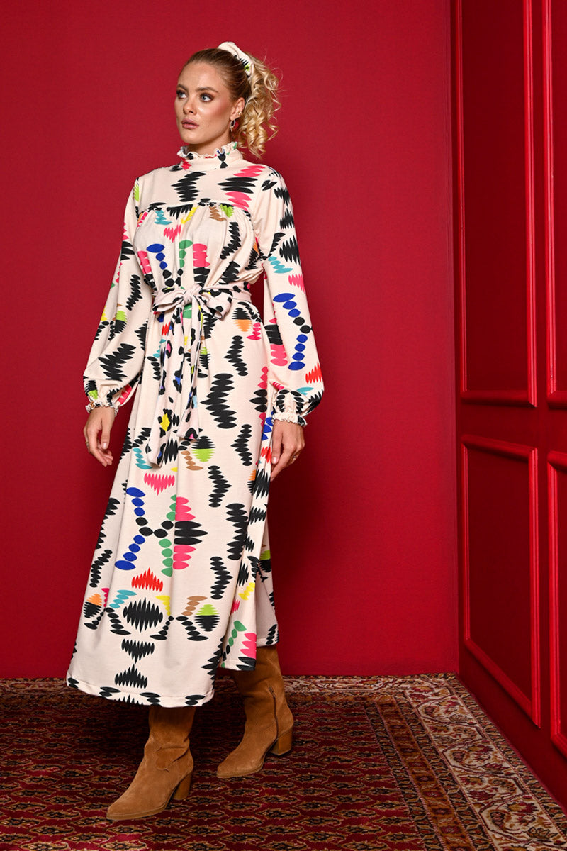 Miranda Dress Cream Aztek Prints Φούτερ Φόρεμα με Ζώνη Petit Boutik