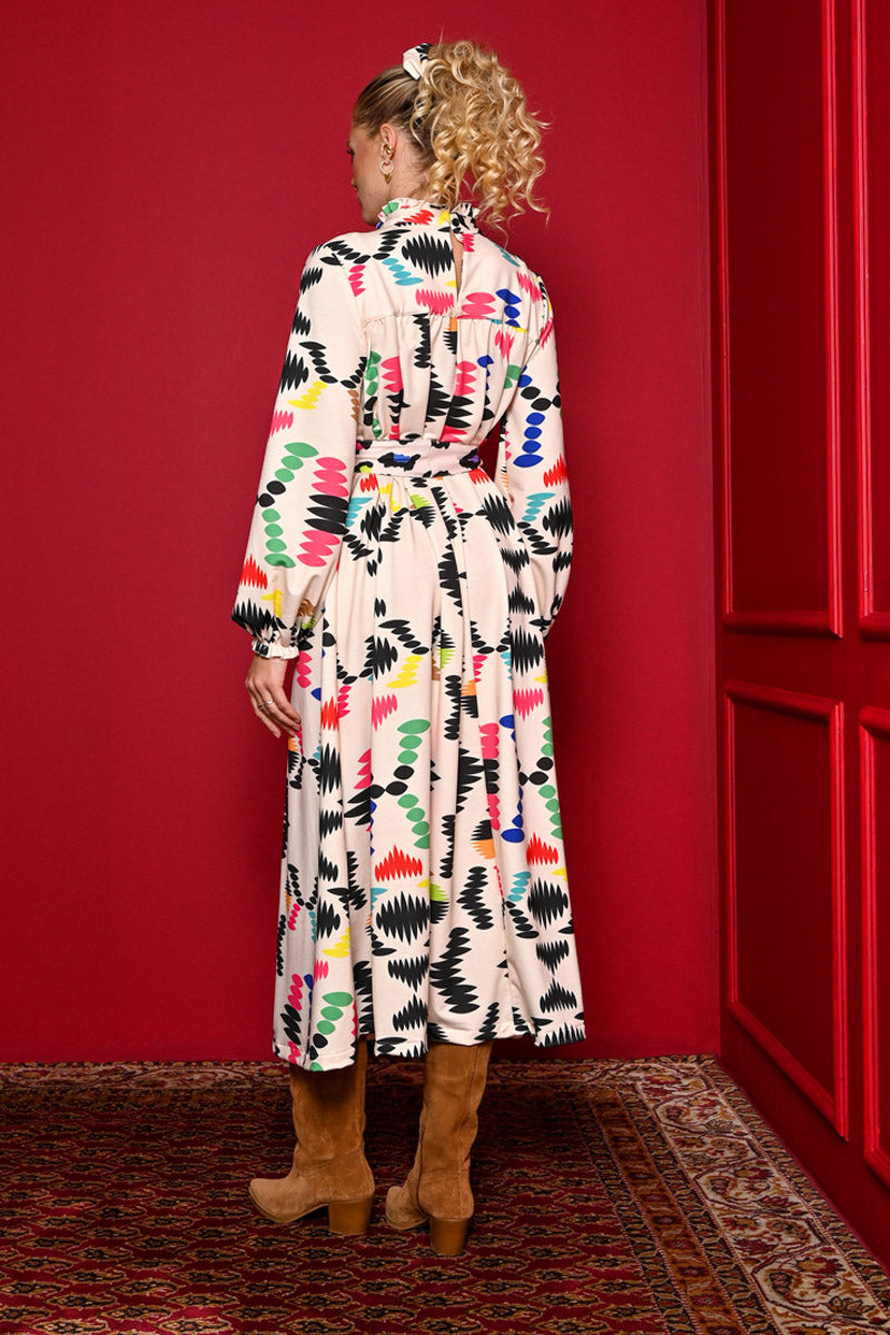 Miranda Dress Cream Aztek Prints Φούτερ Φόρεμα με Ζώνη Petit Boutik