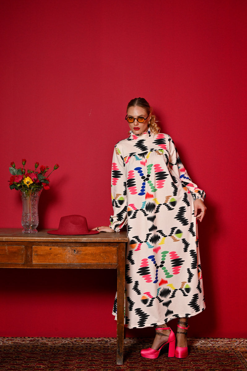 Miranda Dress Cream Aztek Prints Φούτερ Φόρεμα με Ζώνη Petit Boutik