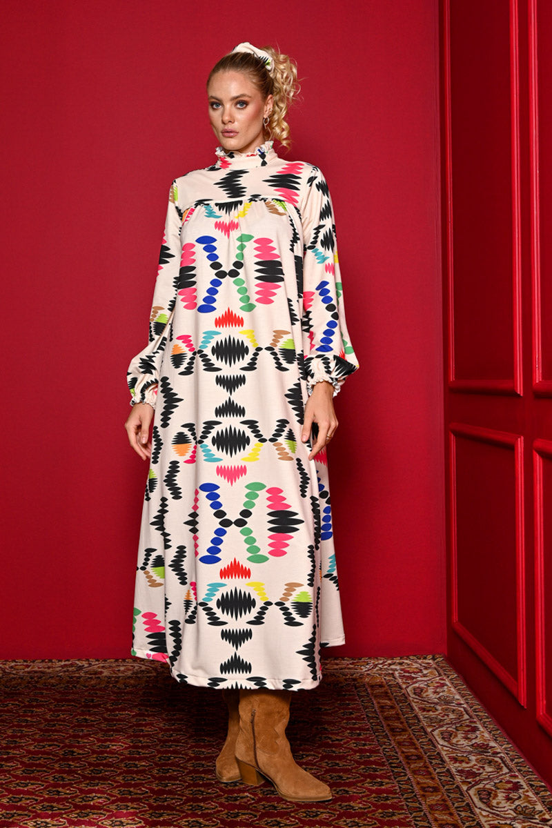 Miranda Dress Cream Aztek Prints Φούτερ Φόρεμα με Ζώνη Petit Boutik