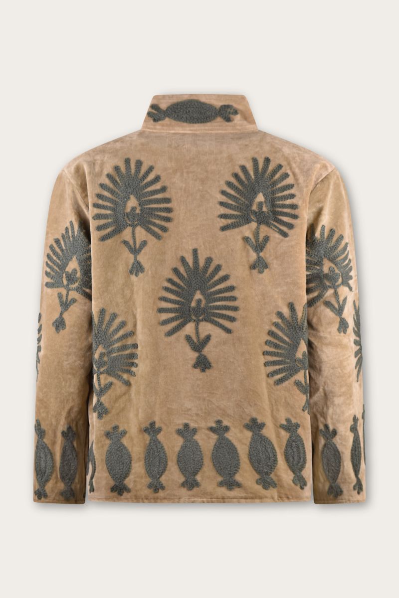 Embroidered Velvet Jacket – Sand with Graphic Suzani Embroidery
